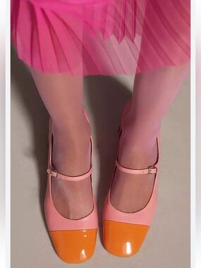 VICENZA Leather Color block Mary Jane Heels Pink Block Heel Pumps Orange Cap Toe